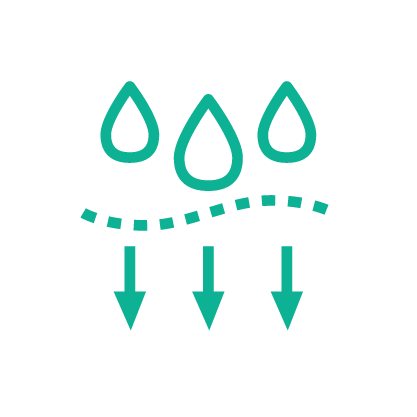 Moisture Icon, with three rain drops and three arrows pointing downward.