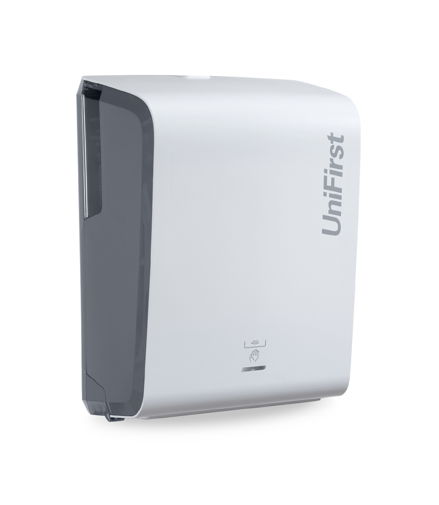 Essential Series automatic roll towel dispenser pictured in white with a sleek, modern design