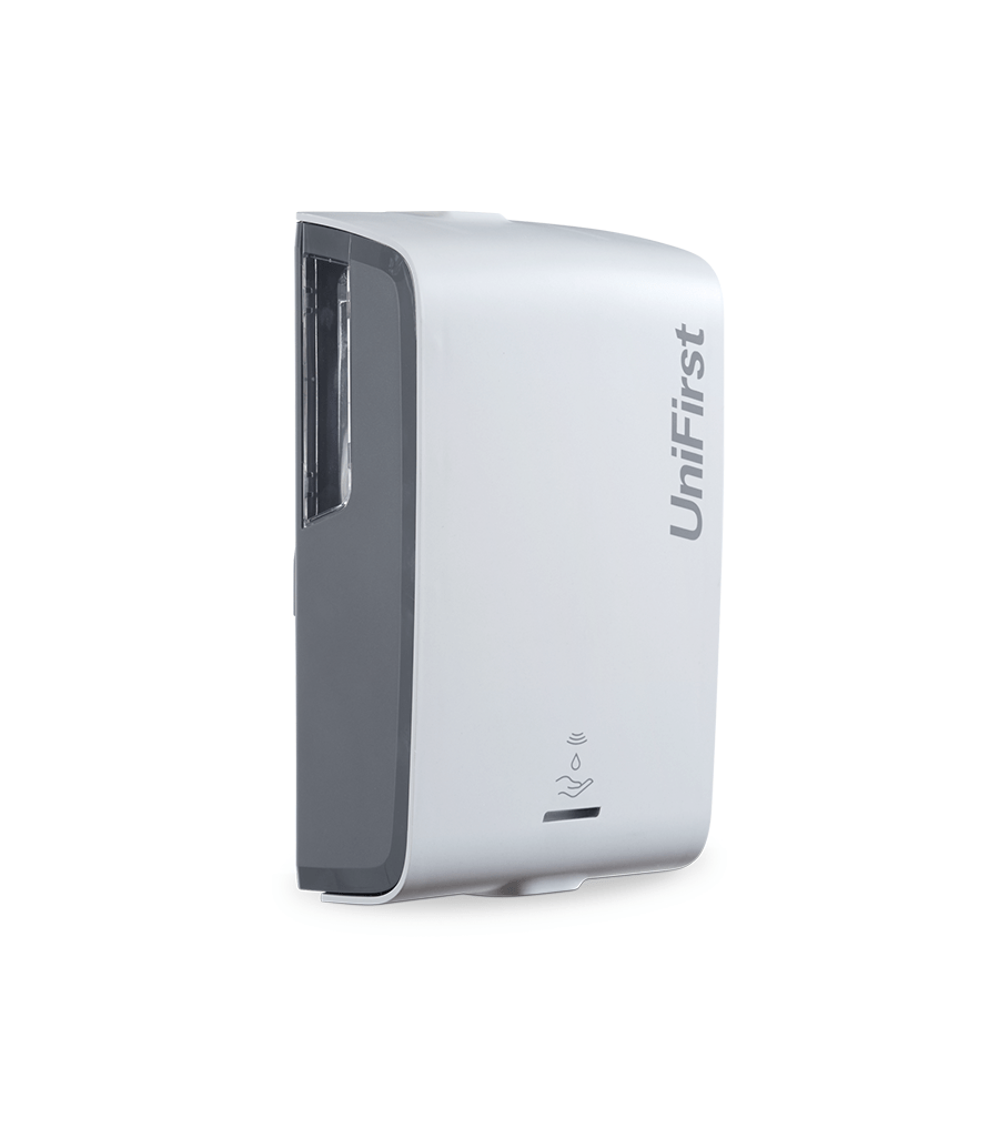 Essential Series automatic soap/sanitizer dispenser pictured in white with a sleek, modern design