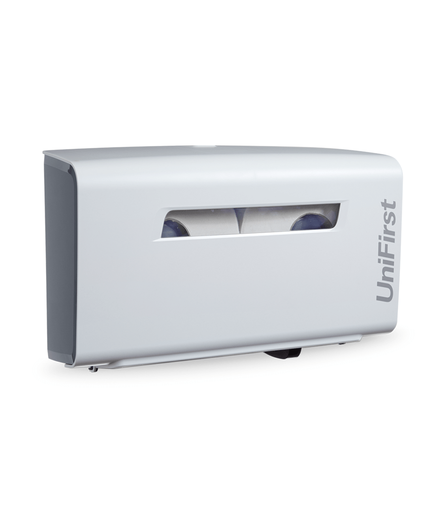Essential Series toilet paper dispenser pictured in white with a sleek, modern design