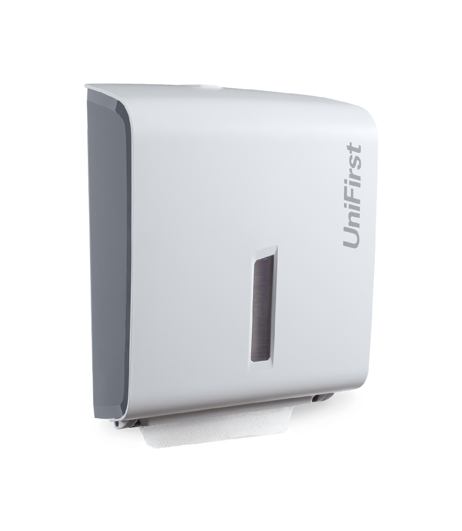 Essential Series multifold towel dispenser pictured in white with a sleek, modern design