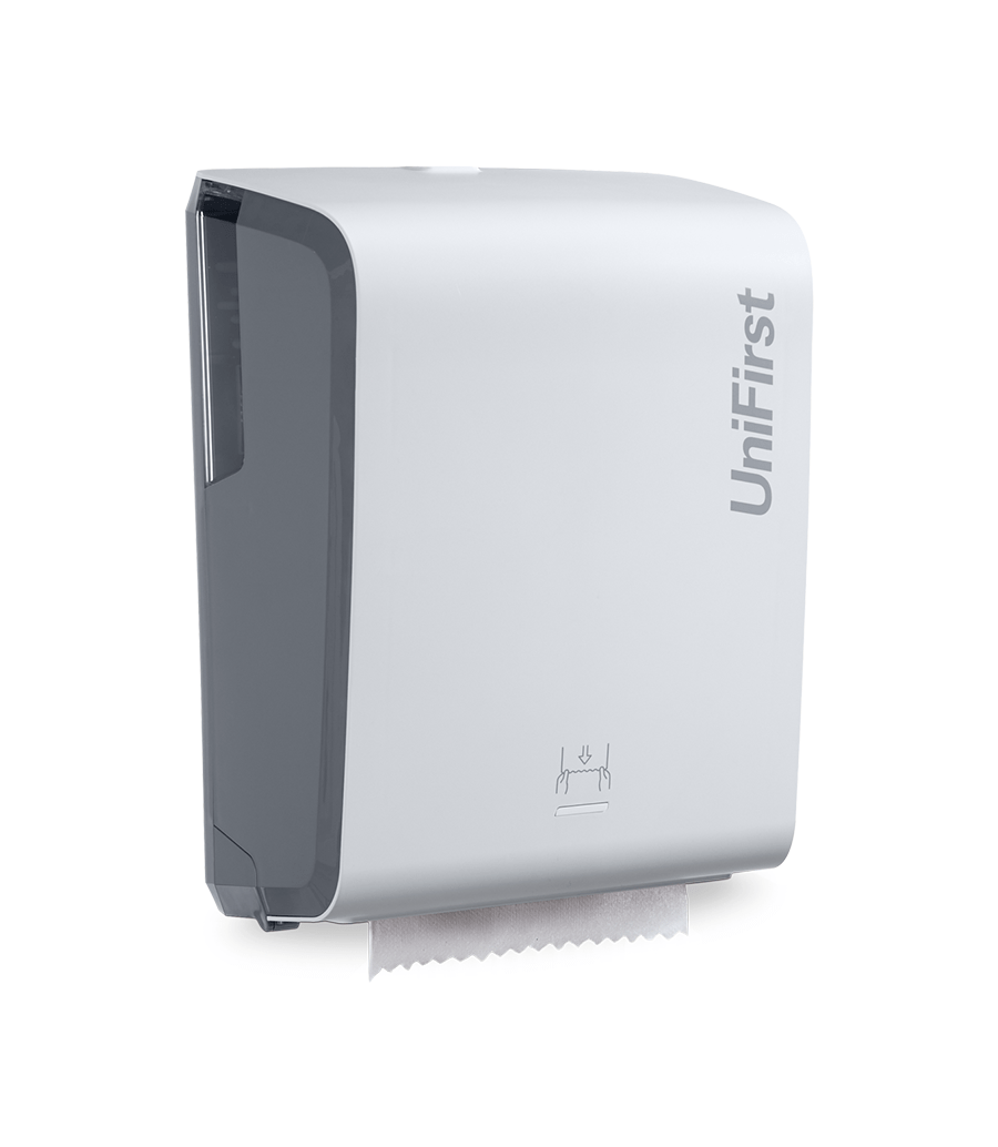 Essential Series manual towel dispenser pictured in white with a sleek, modern design