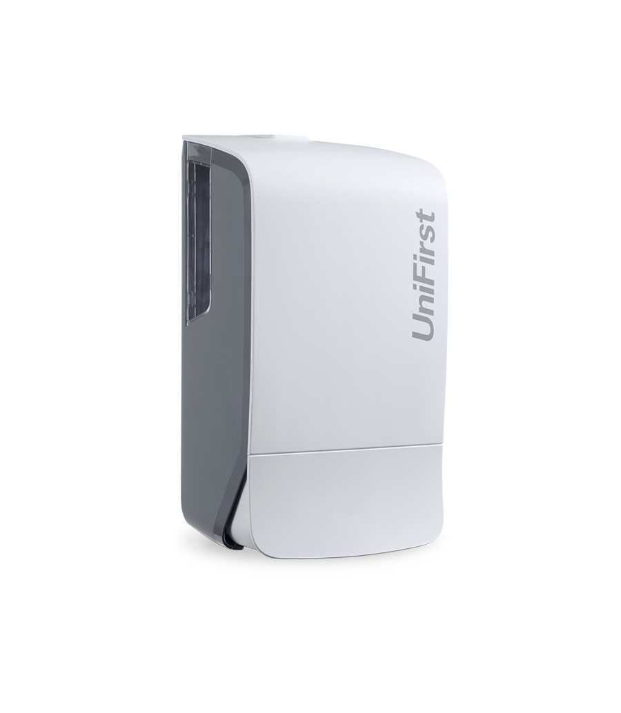 Essential Series manual soap/sanitizer dispenser pictured in white with a sleek, modern design
