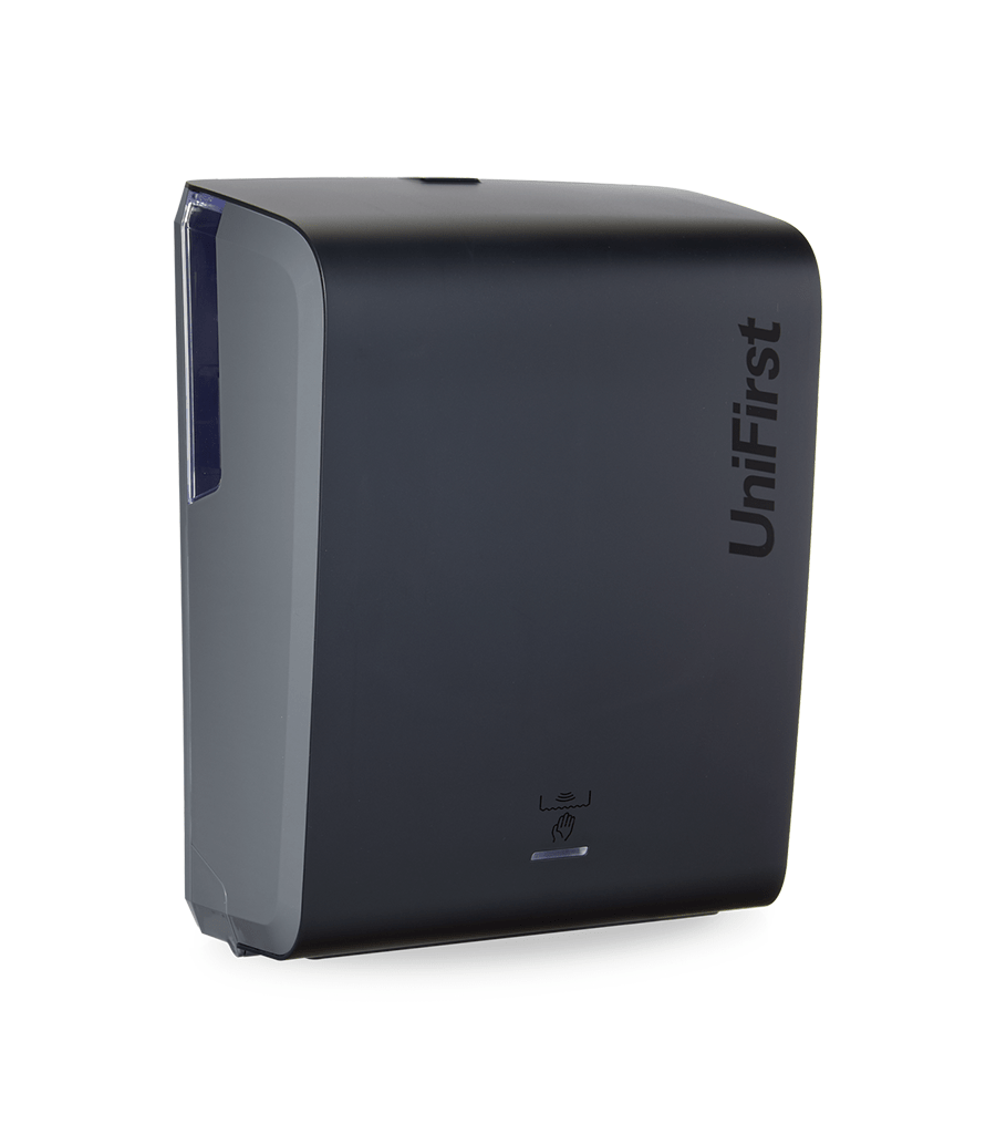 Essential Series automatic towel dispenser pictured in black with a sleek, modern design