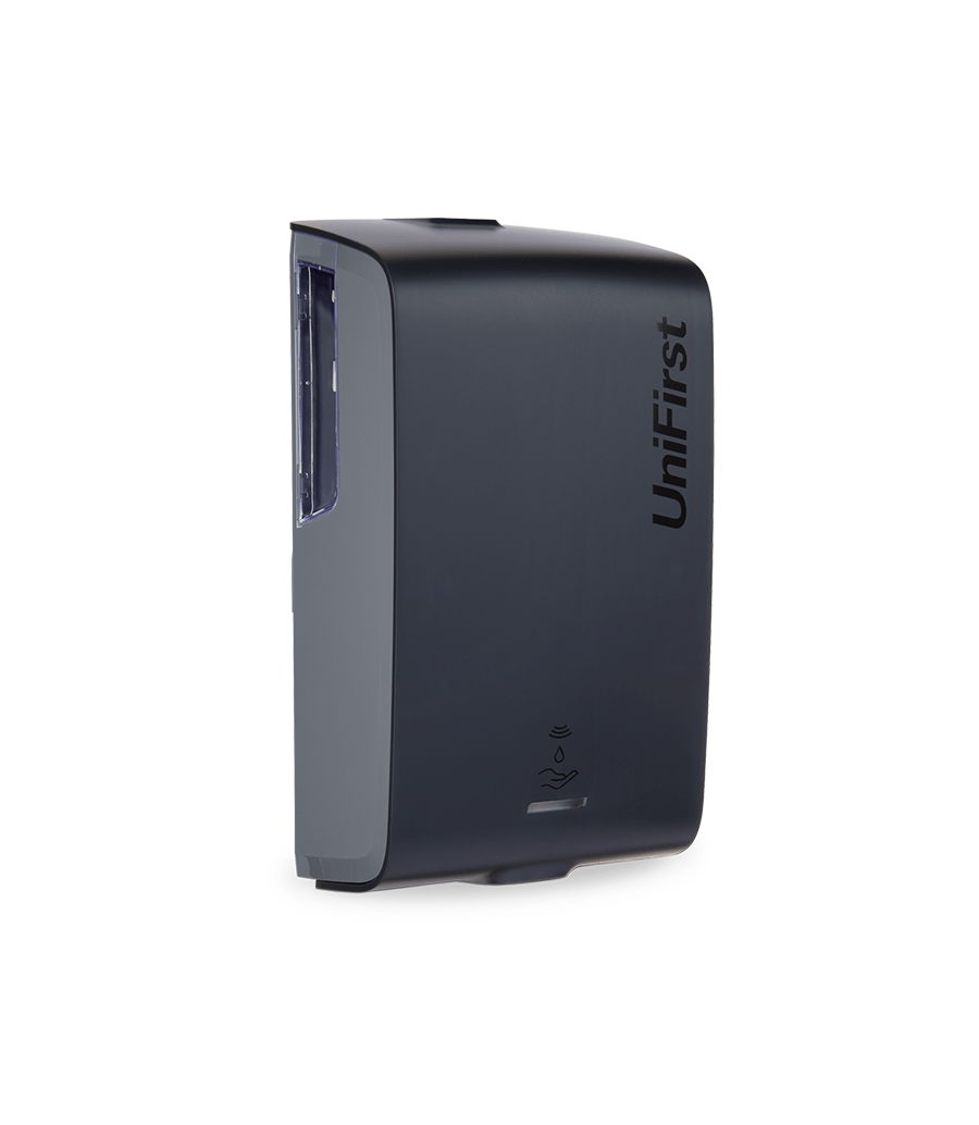 Essential Series automatic soap/sanitizer dispenser pictured in black with a sleek, modern design