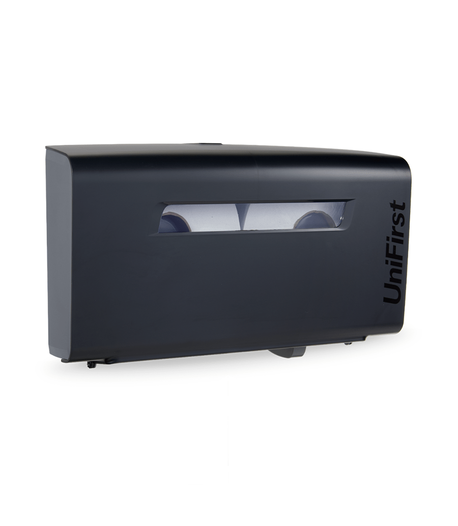 Essential Series toilet paper dispenser pictured in black with a sleek, modern design