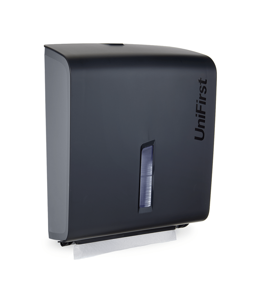 Essential Series multifold towel dispenser pictured in black with a sleek, modern design