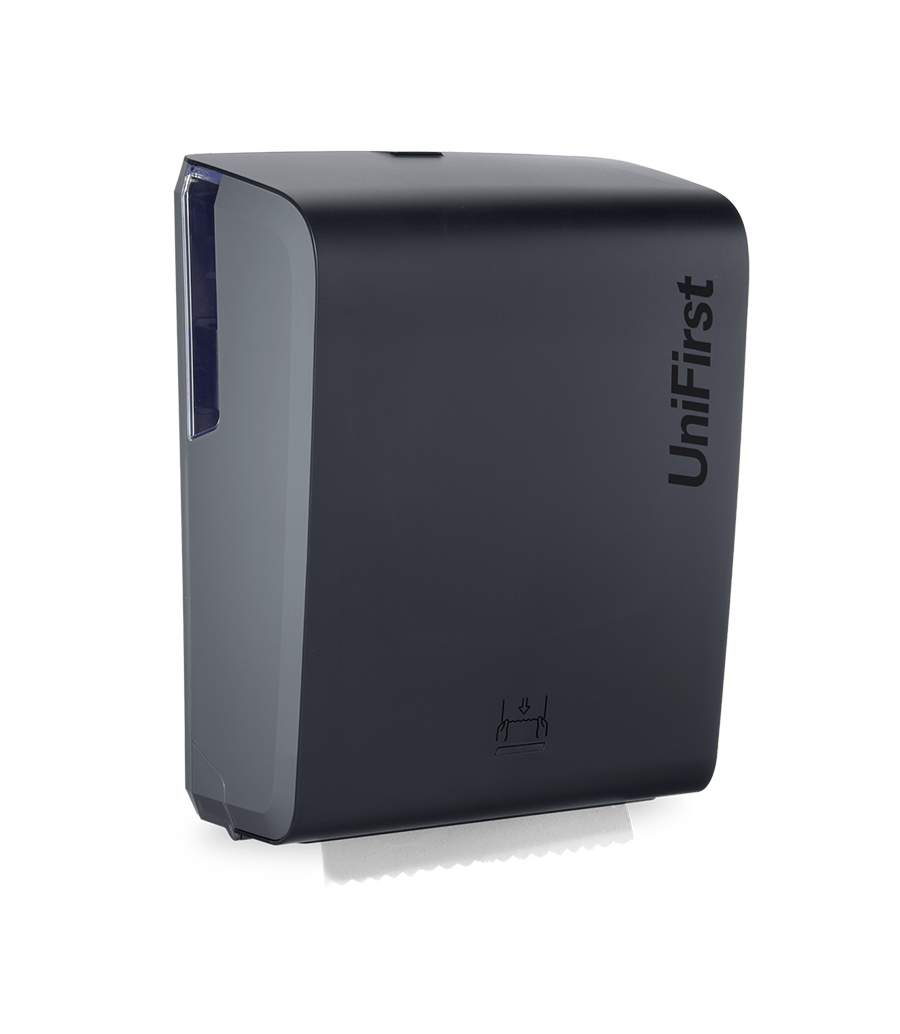 Essential Series manual towel dispenser pictured in black with a sleek, modern design