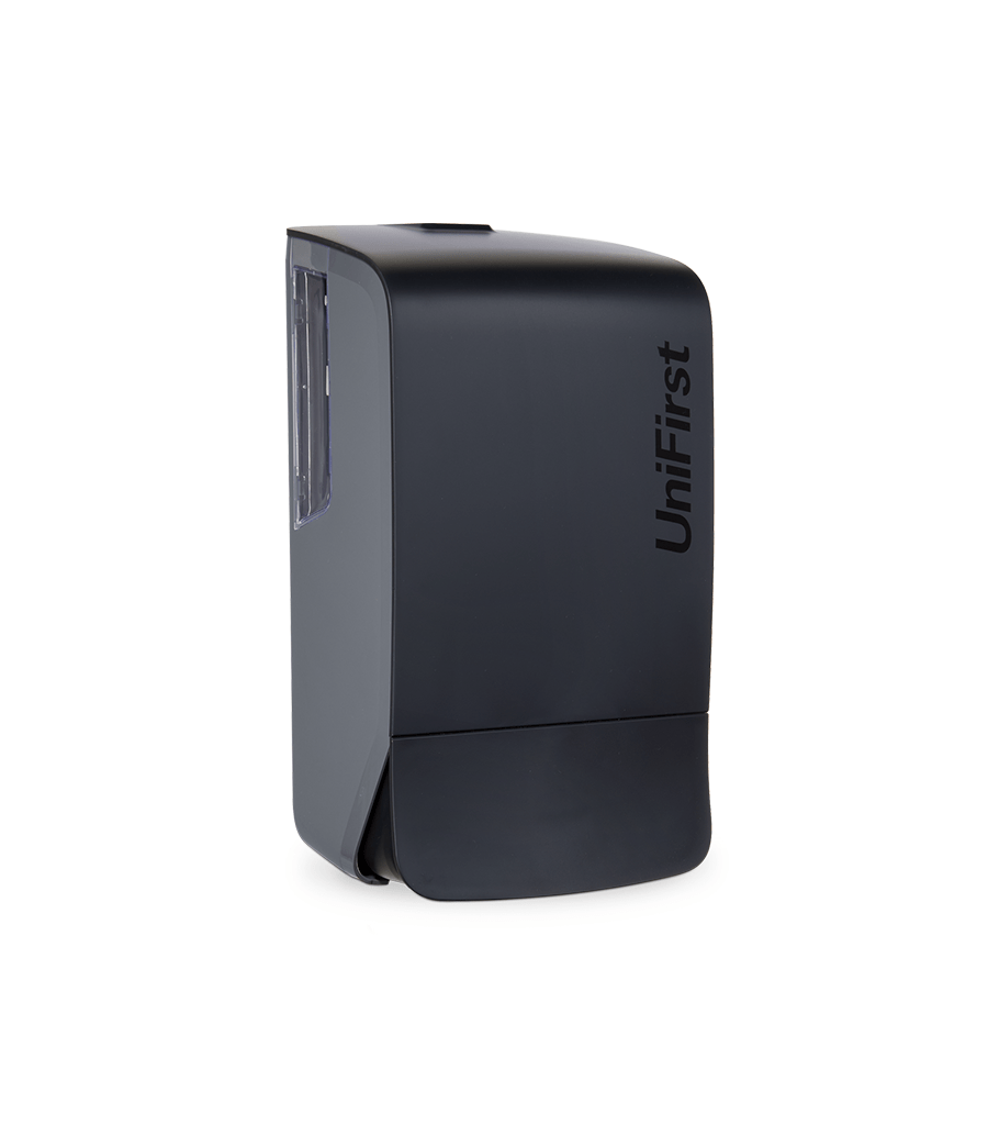 Essential Series manual soap/sanitizer dispenser pictured in black with a sleek, modern design