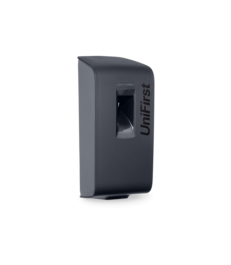Essential Series metered spray air freshener dispenser pictured in black with a sleek, modern design