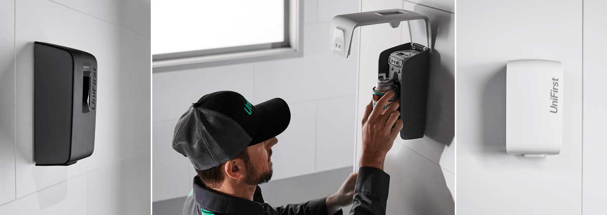 A group of images showing the Essential Series air freshener dispensers by UniFirst