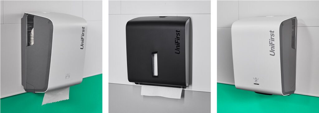 A collection of a variety of paper towel dispensers featuring UniFirst's Essential Series